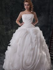 Strapless Sleeveless Wedding Gown With Brush Train Ruching White Organza