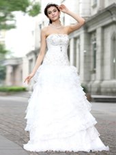 Ruffled Floor Length White Bridal Gown Strapless Sleeveless Lace Up