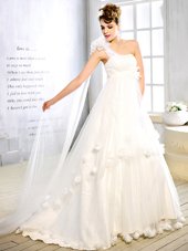 One Shoulder With Train A-line Sleeveless White Wedding Gown Brush Train Lace Up