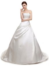 White Lace Up Strapless Ruching Bridal Gown Satin Sleeveless Court Train