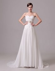 Artistic White Chiffon Lace Up Wedding Dresses Sleeveless With Brush Train Beading and Belt
