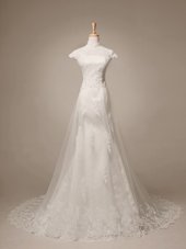 High-neck Cap Sleeves Wedding Gown With Brush Train Beading and Lace and Appliques White Tulle
