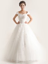 Sweetheart Cap Sleeves Tulle Wedding Gown Lace and Appliques Brush Train Lace Up