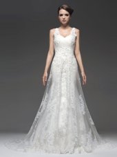 Sleeveless With Train Lace and Appliques Zipper Bridal Gown with White Brush Train