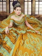 Fantastic Gold Ball Gowns Off The Shoulder Sleeveless Satin Floor Length Lace Up Embroidery Sweet 16 Quinceanera Dress