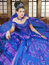 Fantastic Ball Gowns Sweet 16 Dresses Royal Blue Off The Shoulder Satin Sleeveless Floor Length Lace Up