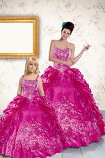 Sleeveless Taffeta Floor Length Lace Up Quince Ball Gowns in Fuchsia for with Beading and Appliques and Pick Ups