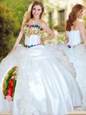 Floor Length White Ball Gown Prom Dress Organza and Taffeta Sleeveless Beading and Appliques and Ruffles