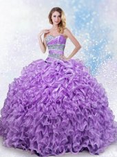 Lavender Sleeveless Floor Length Beading and Ruffles Lace Up Vestidos de Quinceanera