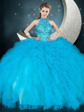 Halter Top Baby Blue Ball Gowns Beading and Ruffles Quinceanera Dresses Lace Up Tulle Sleeveless Floor Length