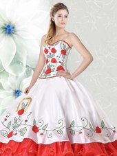 Traditional White and Red Sweetheart Lace Up Embroidery and Ruffled Layers 15th Birthday Dress Sleeveless