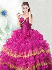 Gorgeous Fuchsia Lace Up Sweetheart Ruffles and Ruffled Layers Sweet 16 Quinceanera Dress Organza Sleeveless
