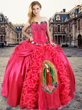 Glorious Coral Red Sleeveless Beading and Appliques and Ruffles Floor Length Quinceanera Gown