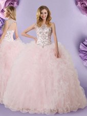 Ball Gowns Quinceanera Gown Baby Pink Scoop Tulle Sleeveless Floor Length Lace Up