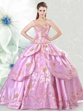 Sweetheart Sleeveless Satin Quinceanera Gown Embroidery Lace Up