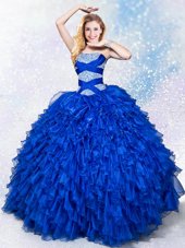 Royal Blue Ball Gowns Beading and Ruffles Ball Gown Prom Dress Lace Up Organza Sleeveless Floor Length