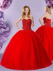 Sleeveless Tulle Floor Length Lace Up Quinceanera Dress in Red for with Beading