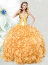 Captivating Sweetheart Sleeveless Lace Up Quince Ball Gowns Gold Organza