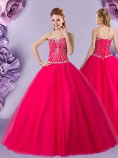 Custom Designed Hot Pink Lace Up Quinceanera Dresses Beading Sleeveless Floor Length