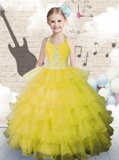 Ruffled Floor Length Yellow Green Flower Girl Dress Halter Top Sleeveless Lace Up