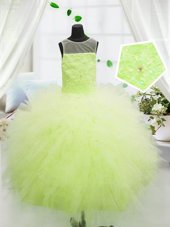 Yellow Green Tulle Zipper Scoop Sleeveless Floor Length Custom Made Beading and Appliques