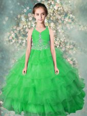 Glittering Halter Top Sleeveless Flower Girl Dress Floor Length Beading and Ruffled Layers Green Organza