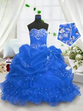 Blue Organza Lace Up Sweetheart Sleeveless Floor Length Little Girls Pageant Dress Wholesale Beading and Ruffled Layers and Pick Ups