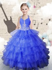 Deluxe Royal Blue Organza Lace Up Halter Top Sleeveless Floor Length Flower Girl Dress Beading and Ruffled Layers
