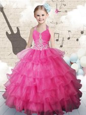Ruffled Halter Top Sleeveless Lace Up Party Dress for Girls Hot Pink Organza