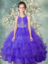 Halter Top Blue Ball Gowns Beading and Ruffled Layers Party Dress Zipper Organza Sleeveless Floor Length