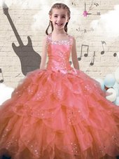 Sumptuous Halter Top Sleeveless Floor Length Beading and Ruffles Lace Up Little Girls Pageant Dress with Pink
