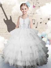 Halter Top White Sleeveless Floor Length Beading and Ruffled Layers Lace Up Flower Girl Dresses