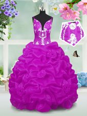Sleeveless Taffeta Floor Length Lace Up Little Girl Pageant Gowns in Fuchsia for with Beading and Appliques and Pick Ups