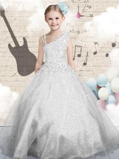 Excellent Silver Flower Girl Dresses for Less Party and Wedding Party and For with Beading and Appliques and Hand Made Flower Asymmetric Sleeveless Lace Up