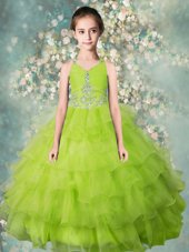 Yellow Green Ball Gowns Organza Halter Top Sleeveless Beading and Ruffled Layers Floor Length Zipper Little Girls Pageant Dress Wholesale