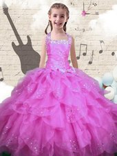 Luxurious Halter Top Sleeveless Womens Party Dresses Floor Length Beading and Ruffles Rose Pink Organza