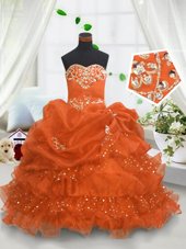 Deluxe Orange Flower Girl Dresses Party and Wedding Party and For with Beading and Ruffled Layers and Pick Ups Sweetheart Sleeveless Lace Up