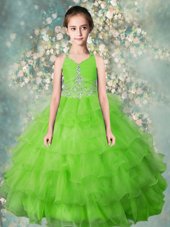 Discount Halter Top Sleeveless Zipper Floor Length Beading and Ruffled Layers Flower Girl Dress