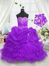 Latest Purple Sweetheart Neckline Beading and Ruffled Layers and Pick Ups Kids Formal Wear Sleeveless Lace Up