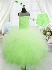 Best Selling Scoop Sleeveless Kids Pageant Dress Floor Length Beading and Appliques Yellow Green Tulle