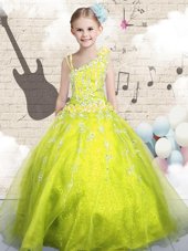Dramatic Sleeveless Organza Floor Length Lace Up Party Dress in Yellow Green for with Beading and Appliques and Hand Made Flower