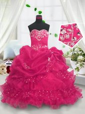 Hot Pink Sweetheart Lace Up Beading and Ruffled Layers and Pick Ups Child Pageant Dress Sleeveless