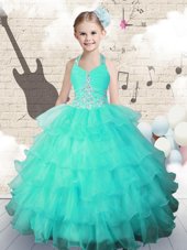High End Turquoise Organza Lace Up Halter Top Sleeveless Floor Length Teens Party Dress Beading and Ruffled Layers