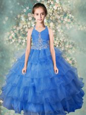 High Class Organza Halter Top Sleeveless Zipper Beading and Ruffled Layers Teens Party Dress in Baby Blue