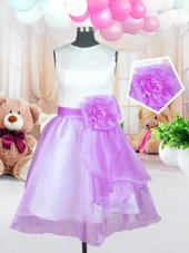 Lilac Ball Gowns Scoop Sleeveless Organza Knee Length Zipper Hand Made Flower Toddler Flower Girl Dress