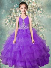 Admirable Lavender Ball Gowns Organza Halter Top Sleeveless Beading and Ruffled Layers Floor Length Zipper Little Girls Pageant Dress