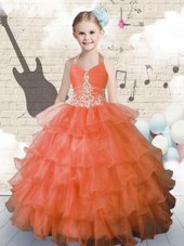 Adorable Halter Top Orange Sleeveless Beading and Ruffled Layers Floor Length Juniors Party Dress