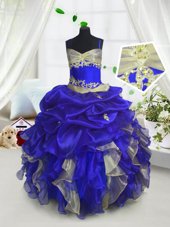 Royal Blue Ball Gowns Spaghetti Straps Sleeveless Organza Floor Length Lace Up Beading and Ruffles and Pick Ups Flower Girl Dresses