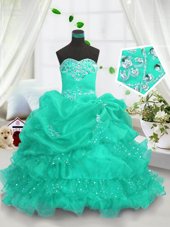 Turquoise Lace Up Party Dress Beading and Ruffled Layers and Pick Ups Sleeveless Floor Length