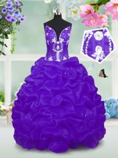 Cute Purple Flower Girl Dresses Party and Wedding Party and For with Beading and Pick Ups V-neck Sleeveless Lace Up